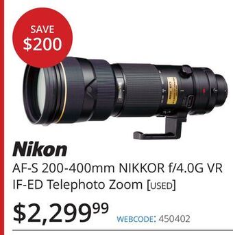 Vistek Nikon af-s 200-400mm nikkor f/4.0g vr if-ed telephoto zoom [used] offer