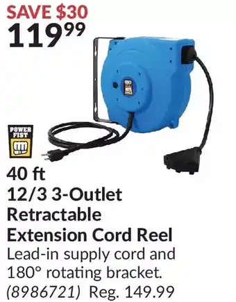 Princess Auto Power fist 40 ft 12/3 3-outlet retractable extension cord reel offer