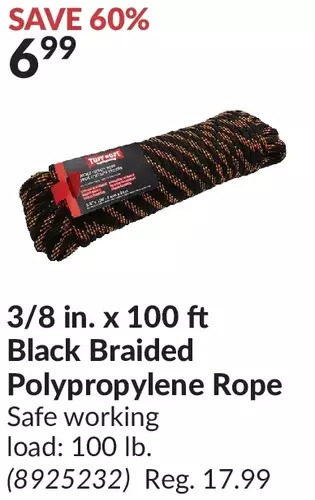 Princess Auto Tuff rope 3/8 in. x 100 ft black braided polypropylene rope offer