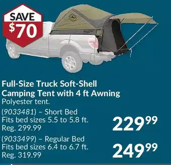 Princess Auto Northern ridge full-size truck soft-shell camping tent with 4 ft awning offer