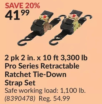 Princess Auto Erickson 2 pk 2 in. x 10 ft 3,300 lb pro series retractable ratchet tie-down strap set offer
