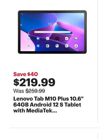 Best Buy Lenovo tab M10 Plus 10.6'' 64gb android 12 S tablet with mediatek offer