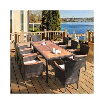 Best Buy Costway 9-piece modern classic rattan patio dining set w/ large acadia wood dining table & 8 cushioned wicker chairs (9pcs) offer