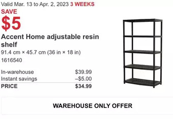 Costco Accent home adjustable resin shelf offer