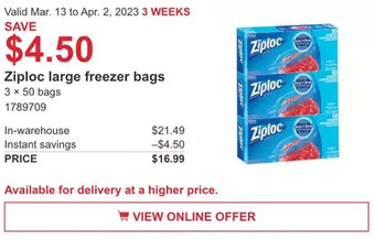 Costco Ziploc large freezer bags offer