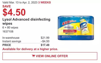Costco Lysol advanced disinfecting wipes offer