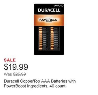 Costco Duracell coppertop aaa batteries with powerboost ingredients, 40 count offer