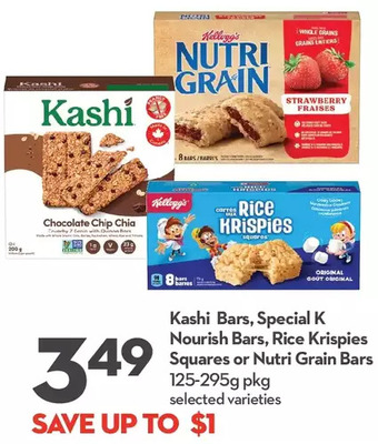 Longo's Kashi bars, special k nourish bars, rice krispies squares or nutri grain bars offer