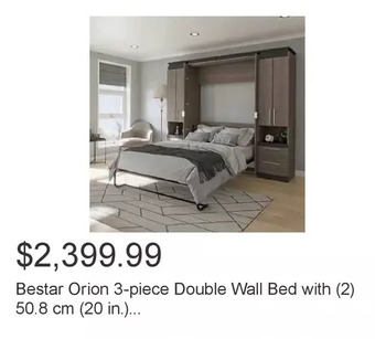 Costco Bestar orion 3-piece double wall bed with (2) 50.8 cm (20 in.) shelving units with pullout shelf offer