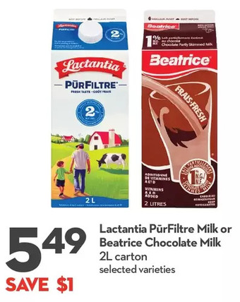 Longo's Lactantia pûrfiltre milk or beatrice chocolate milk offer