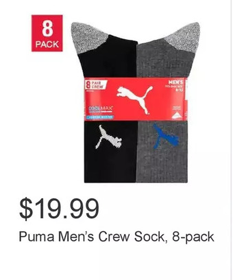 Costco Puma men’s crew sock, 8-pack offer