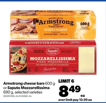 Real Canadian Superstore Armstrong cheese bars or saputo mozzarellissima offer