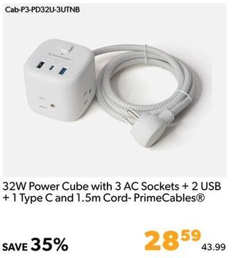 Shopper+ 32w power cube with 3 ac sockets + 2 usb + 1 type c and 1.5m cord- primecables offer