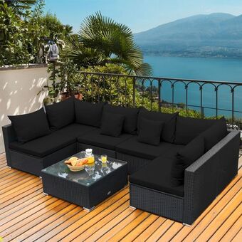 Best Buy Gymax 7pcs rattan patio conversation set sectional furniture set w/ black cushion offer