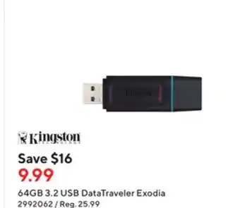 Staples Kingston 64gb 3.2 usb data traveler exodia offer