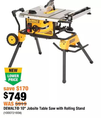 Home Depot Dewalt 10" jobsite table saw with rolling stand offer