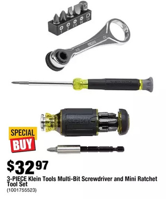 Home Depot 3-piece klein tools multi-bit screwdriver and mini ratchet tool set offer