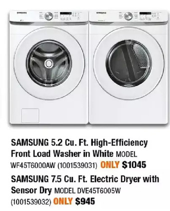 Home Depot Samsung 5.2 cu. ft. high-efficiency front load washer in white | samsung 7.5 cu. ft. electric dryer with sensor dry offer