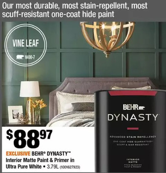 Home Depot Behr dynasty interior matte paint & primer in ultra pure white offer