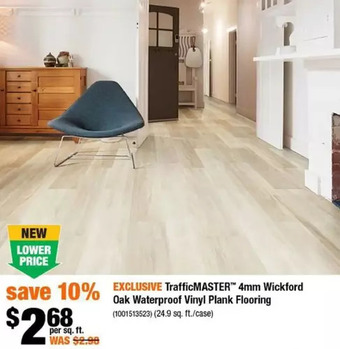 Home Depot Trafficmaster 4mm wickford oak waterproof vinyl plank flooring offer