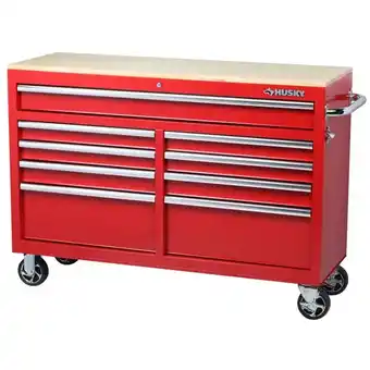 Home Depot Husky 52" 9-drawer mobile workbench in gloss red offer