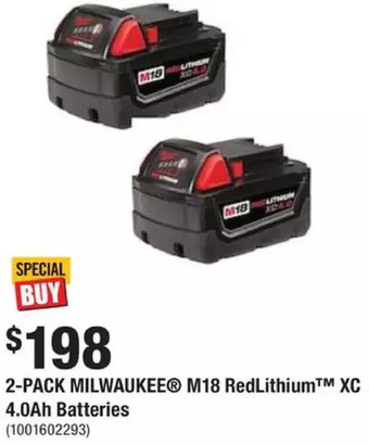 Home Depot 2-pack milwaukee m18 redlithium xc 4.0ah batteries offer