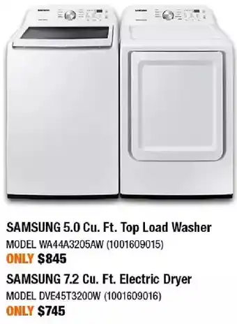 Home Depot Samsung 5.0 cu. ft. top load washer | samsung 7.2 cu. ft. electric dryer offer