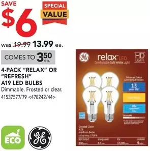 RONA Ge 4-pack "relax" or "refresh" a19 led bulbs offer