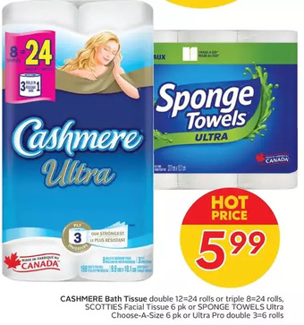 Sobeys Cashmere bath tissue, scotties facial tissue or sponge towels ultra choose-a-size or ultra pro offer
