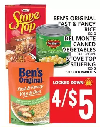 Food Basics Ben's original fast & fancy rice | del monte canned vegetables | stove top stuffing offer