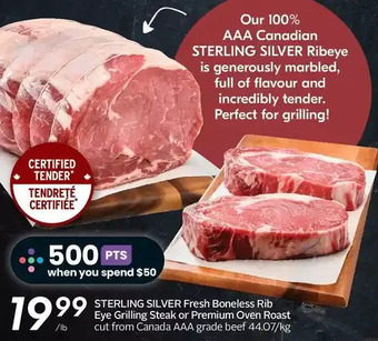 Sobeys Sterling silver fresh boneless rib eye grilling steak or premium oven roast offer