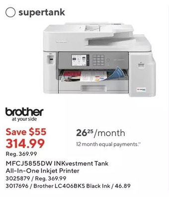 Staples Brother mfcj5855dw inkvestment tank all-in-one inkjet printer | lc406bks black ink offer