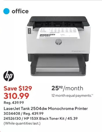Staples Hp laserjet tank 2504dw monochrome printer | hp 153x black toner kit offer