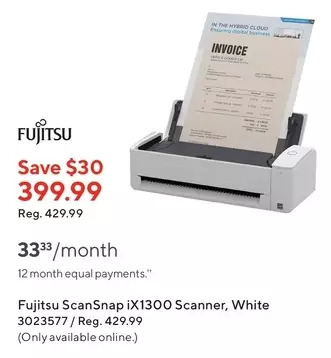 Staples Fujitsu scansnap ix1300 scanner, white offer