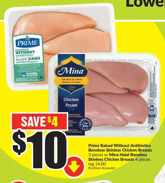 FreshCo Prime raised without antibiotics boneless skinless chicken breast or mina halal boneless skinless chicken breast offer