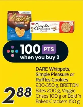 Sobeys Urban Fresh Dare whippets, simple pleasure or ruffles cookies, breton bites, veggie crisps or bold'n baked crackers offer