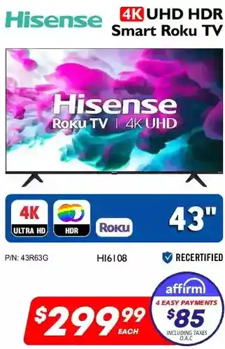 Factory Direct Hisense 4k uhd hdr smart roku tv 43" offer