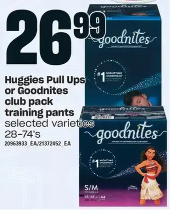 Loblaws Huggies pull ups or goodnites club pack training pants offer