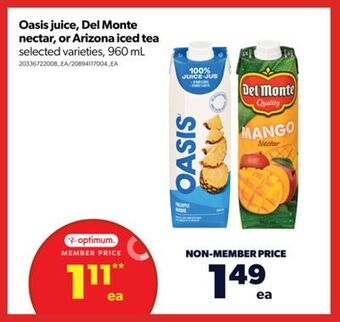 Real Canadian Superstore Oasis juice, del monte nectar, or arizona iced tea, 960 ml offer