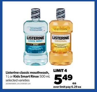 Real Canadian Superstore Listerine classic mouthwash, 1 l or kids smart rinse 500 ml offer