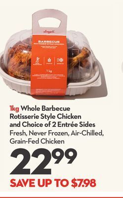 Longo's 1kg whole barbecue rotisserie style chicken and choice of 2 entrée sides offer
