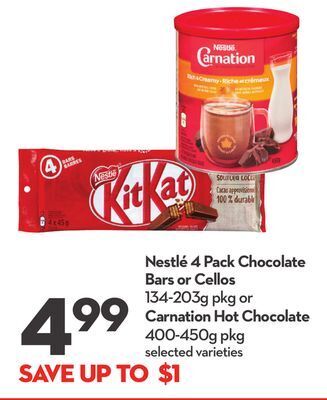 Longo's Nestlé 4 pack chocolate bars or cellos 134-203g pkg or carnation hot chocolate 400-450g pkg offer
