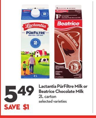 Longo's Lactantia pūrfiltre milk or beatrice chocolate milk offer
