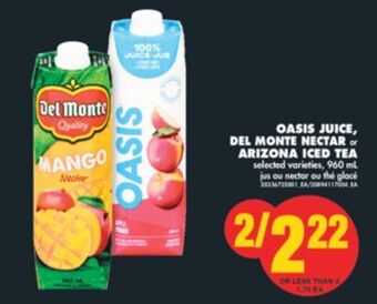 No Frills Oasis juice, del monte nectar or arizona iced tea, 960 ml offer