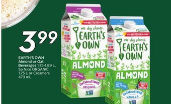 Sobeys Earth's own almond or oat beverages offer