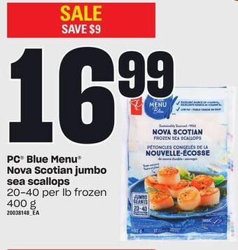 Loblaws Pc® blue menu nova scotian jumbo sea scallops 20-40 per lb 400 g offer