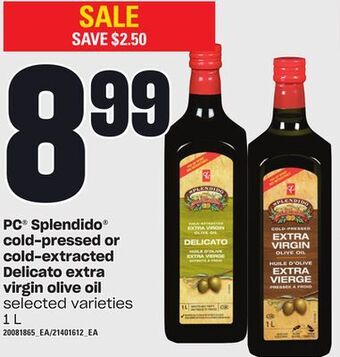 Loblaws Pc® splendido® cold-pressed or cold-extracted delicato extra virgin olive oil, 1 l offer