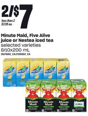 Loblaws Minute maid, five alive juice or nestea iced tea, 8/10x200 ml offer