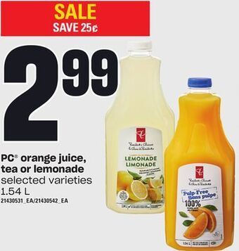 Loblaws Pc® orange juice, tea or lemonade, 1.54 l offer