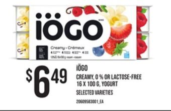 Loblaws Iögo creamy, 0 % or lactose-free 16 x 100 g, yogurt offer